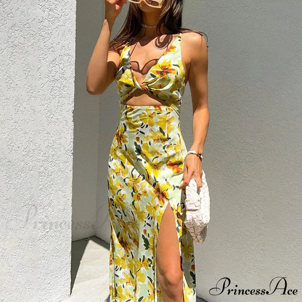 Stylish Golden Blooms Pattern Twirl Tie Cutout Midi Floral Dress