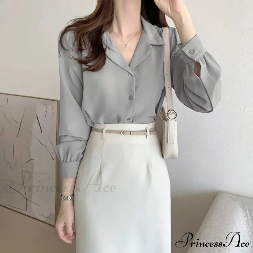 Stylish Lantern Sleeve Suit Collar Baggy Office Blouse