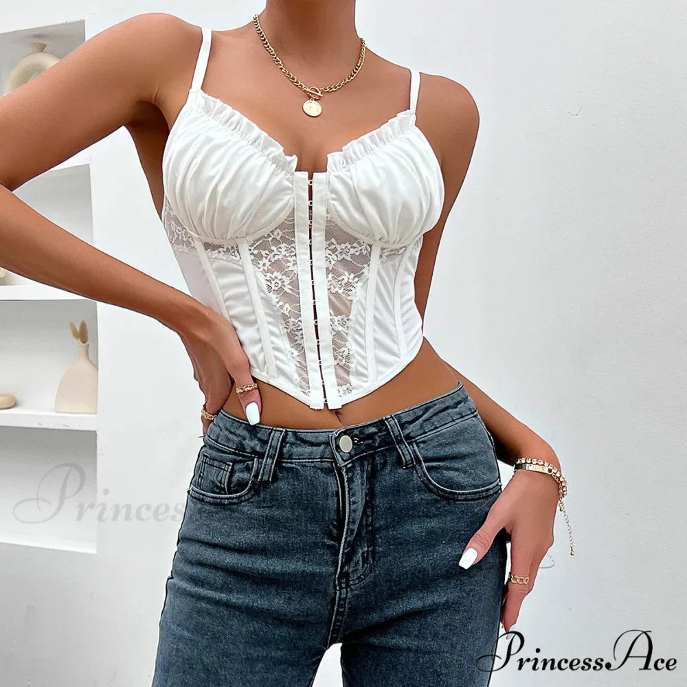 Stylish Mesh Fishbone Lace Pleated Seductive Crop Top