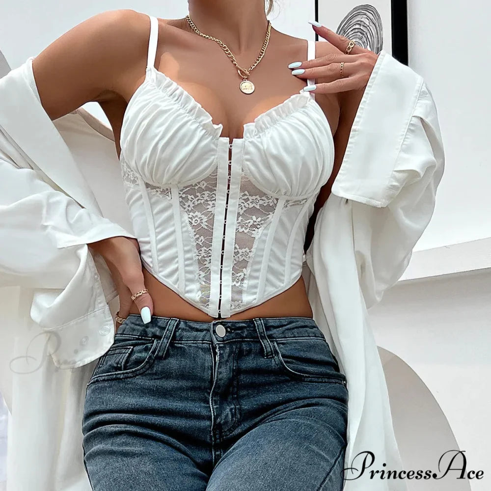 Stylish Mesh Fishbone Lace Pleated Seductive Crop Top