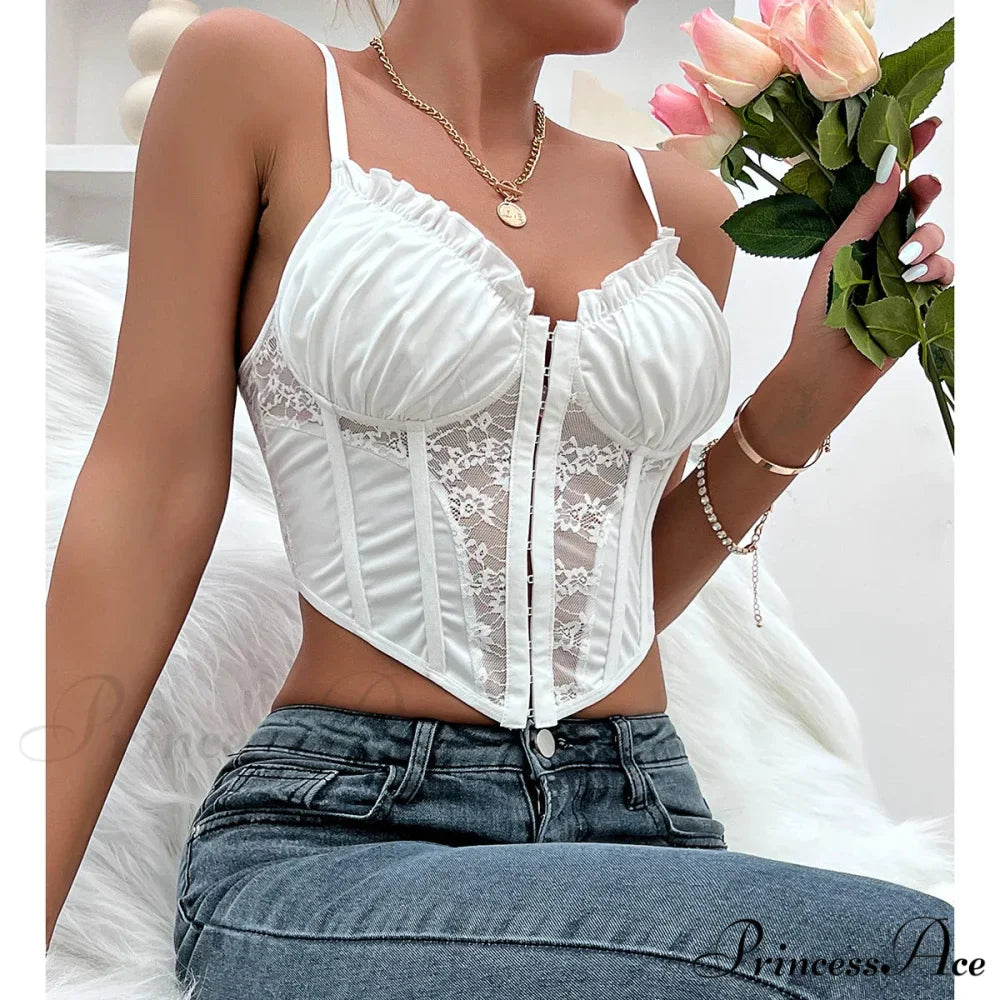 Stylish Mesh Fishbone Lace Pleated Seductive Crop Top