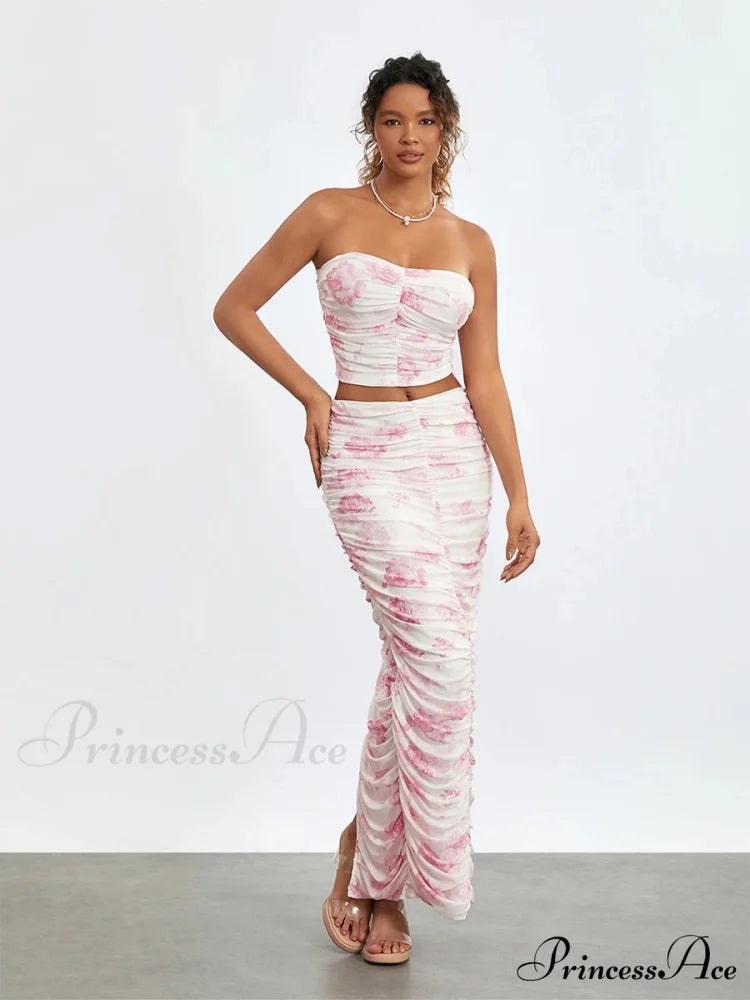 Stylish Off-Shoulder Tube Top Wrap Long Floral Skirt Set