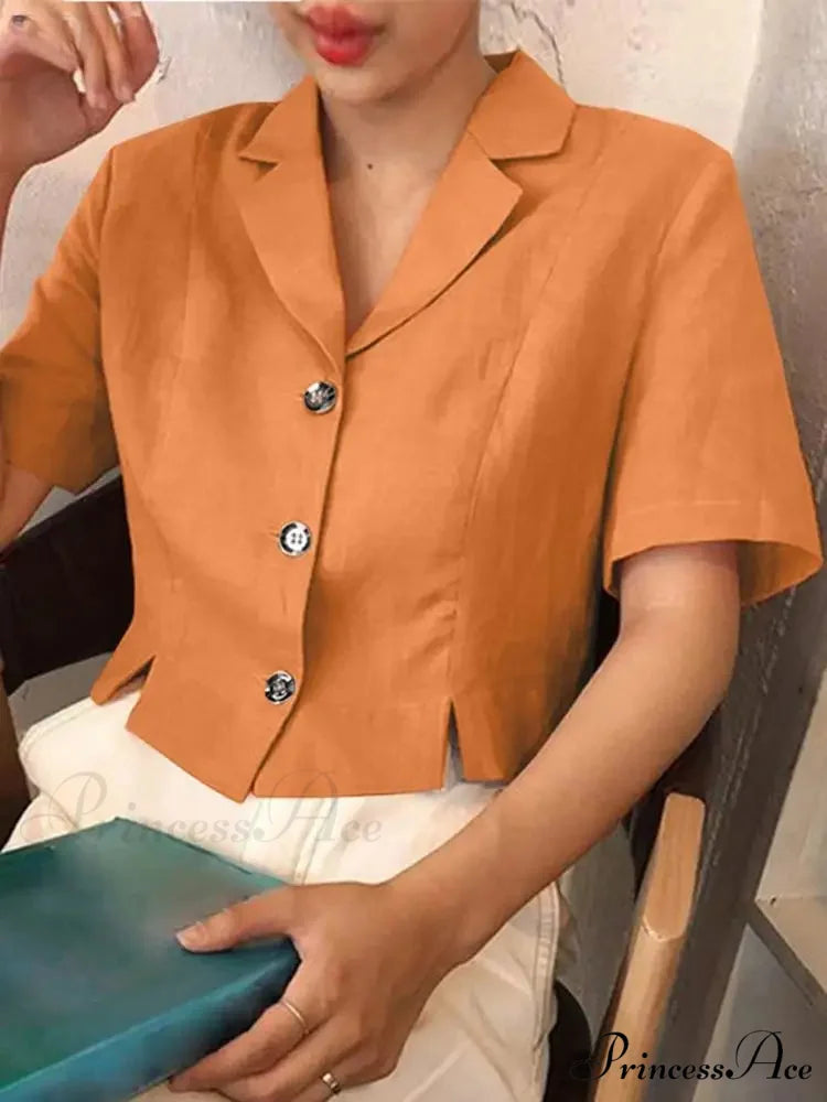 Stylish Office Lapel Button Short Sleeve Blouse