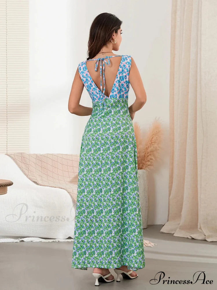 Stylish Patch Shade Floral Flowy Backless V-neck Tank Beach Floral Dress