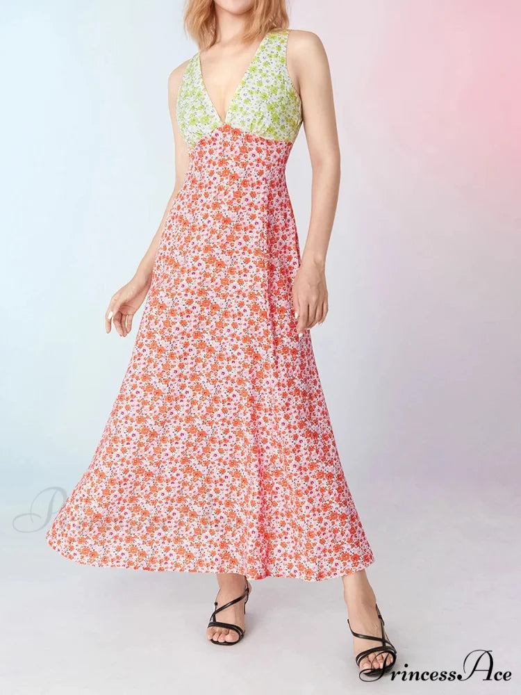 Stylish Patch Shade Floral Flowy Backless V-neck Tank Beach Floral Dress