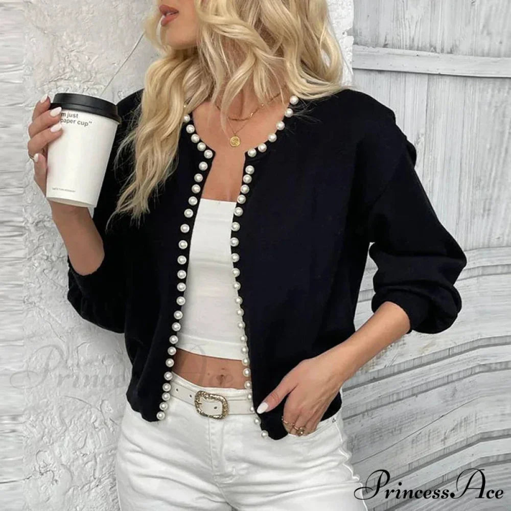 Stylish Pearls Extended Sleeve Knit Ivory Cardigan