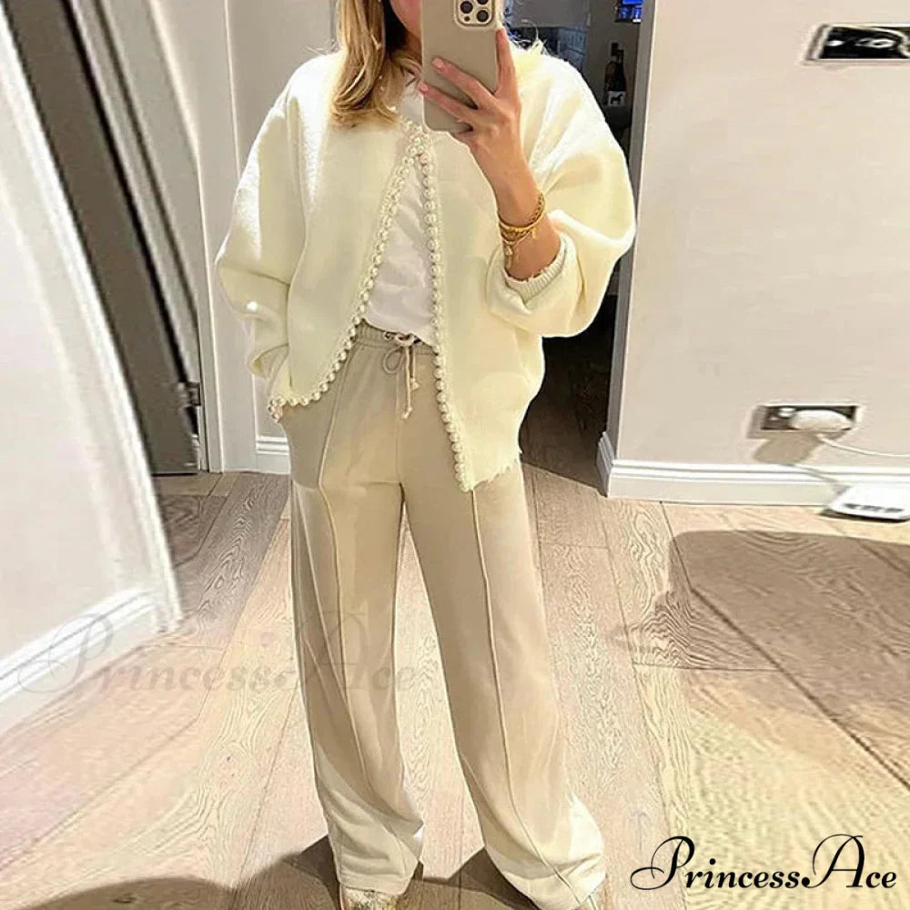 Stylish Pearls Extended Sleeve Knit Ivory Cardigan