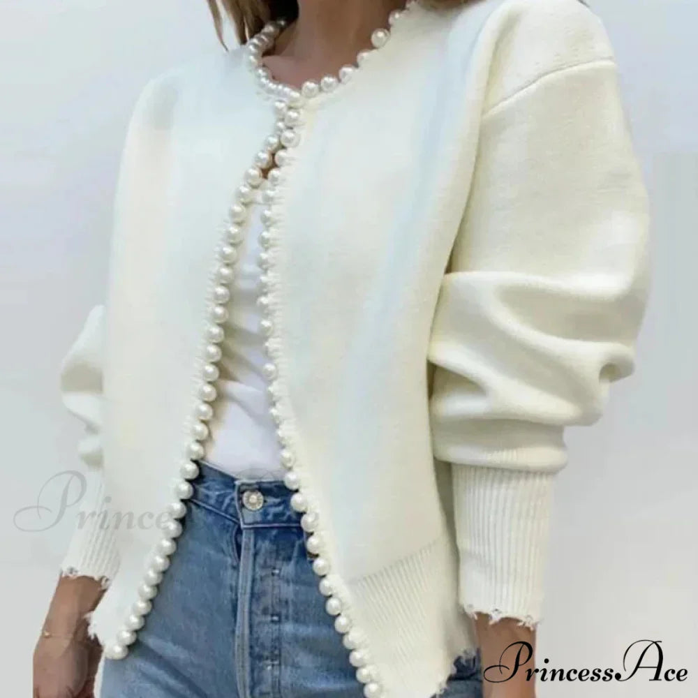 Stylish Pearls Extended Sleeve Knit Ivory Cardigan