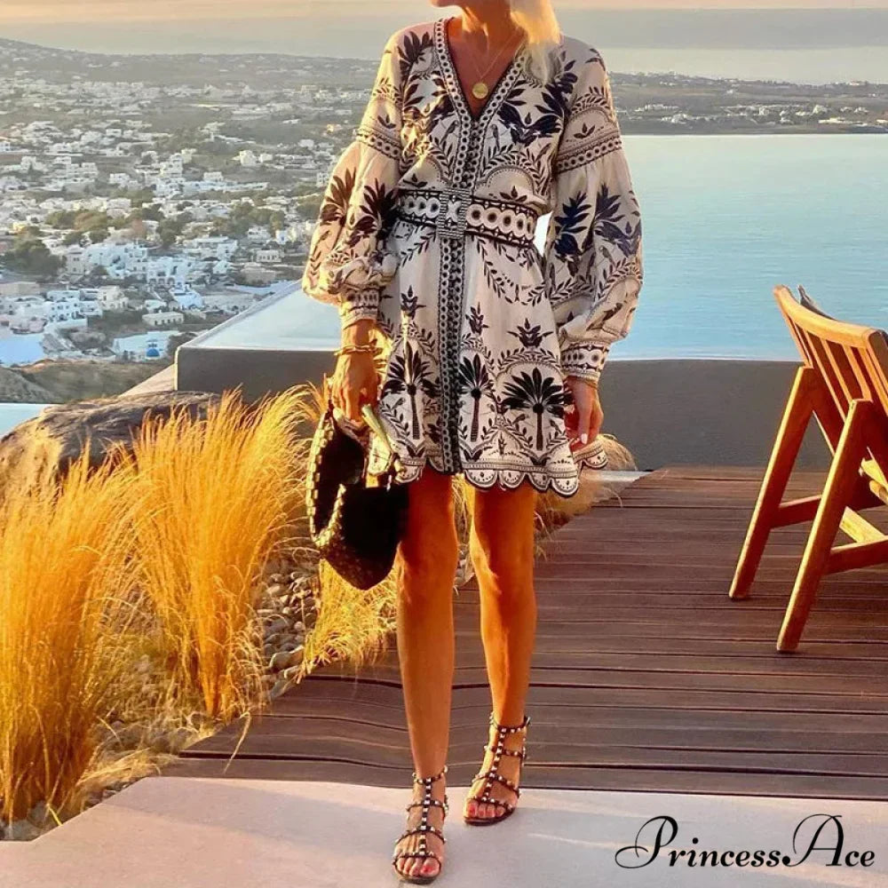 Stylish Print V-neck A-line Boho Dress
