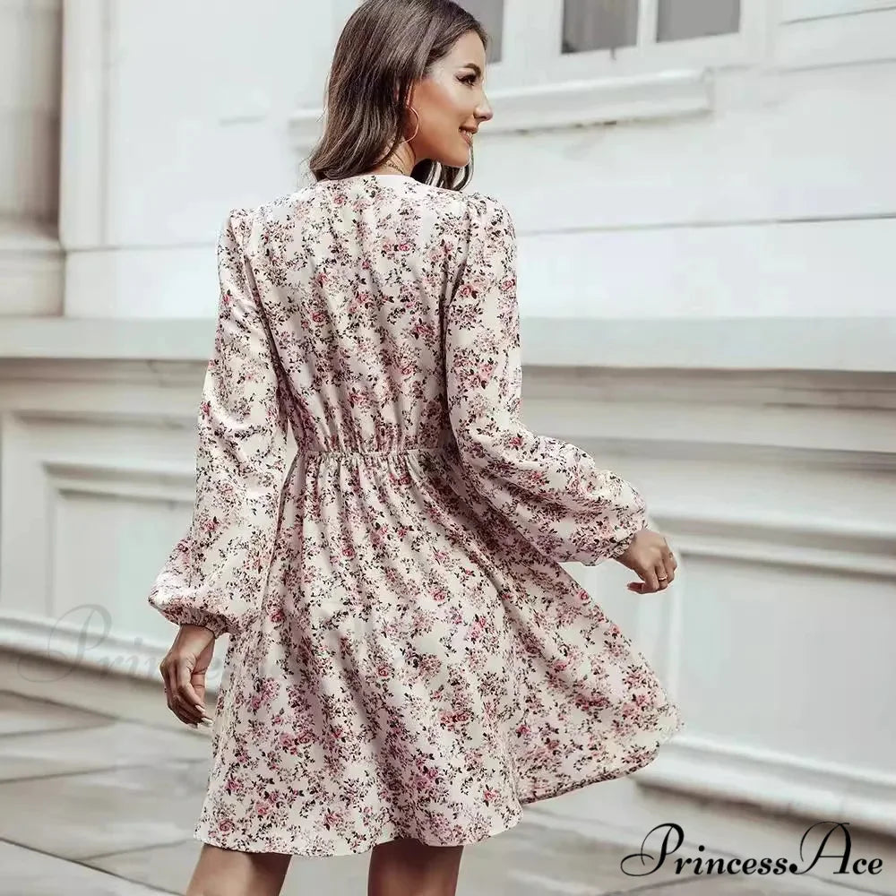 Stylish V-Neck Floral Mini Chiffon Dress