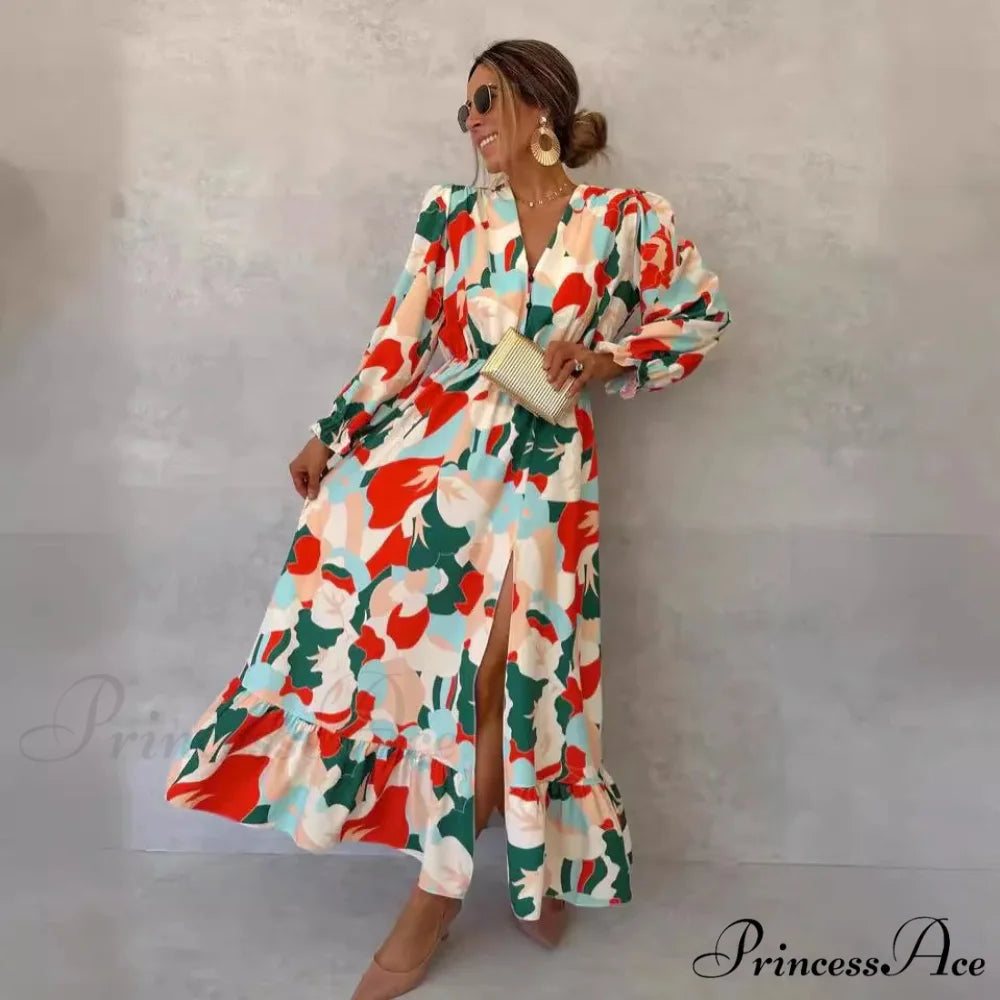Stylish V-neck Patterned Floral Dress