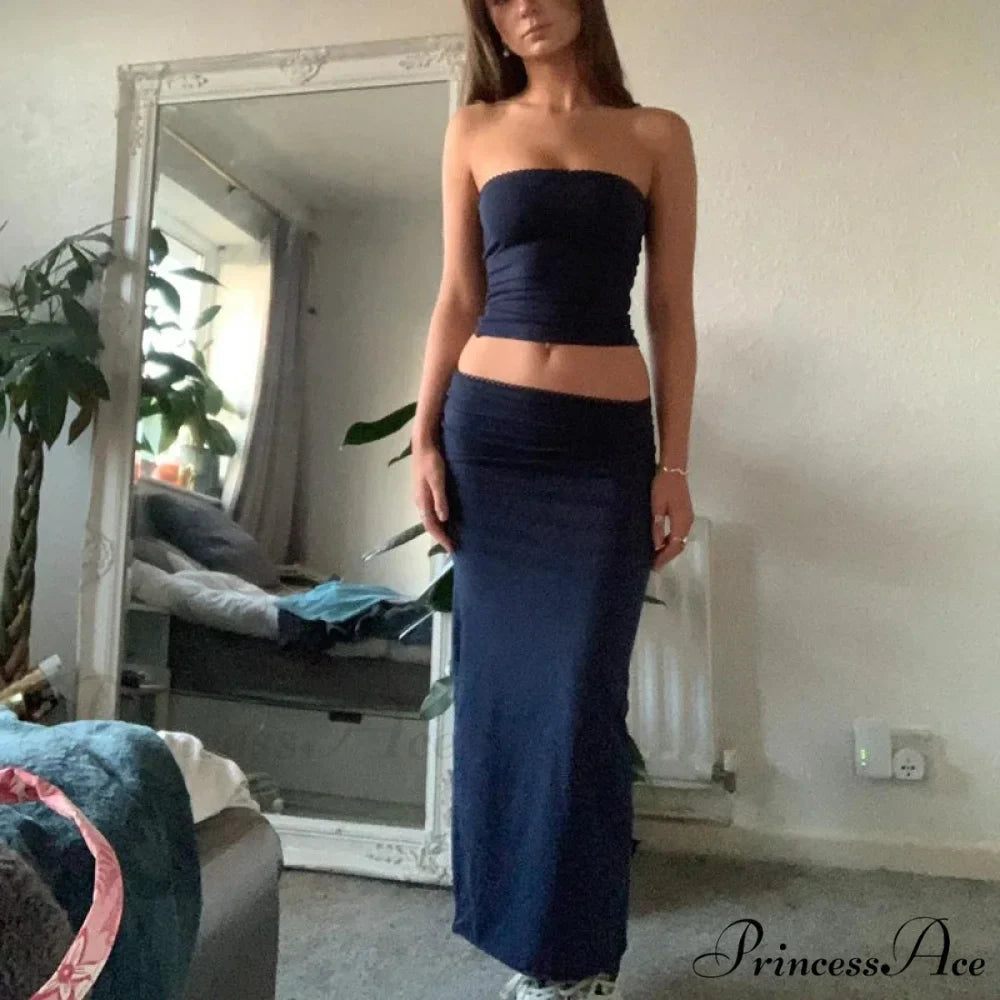 Stylish Women Chest Wrap Tube Tops + Low Rise Long Skirt Summer Strapless Camis Crop Tops Y2K Fairycore Vintage 2 Piece Set Outfits