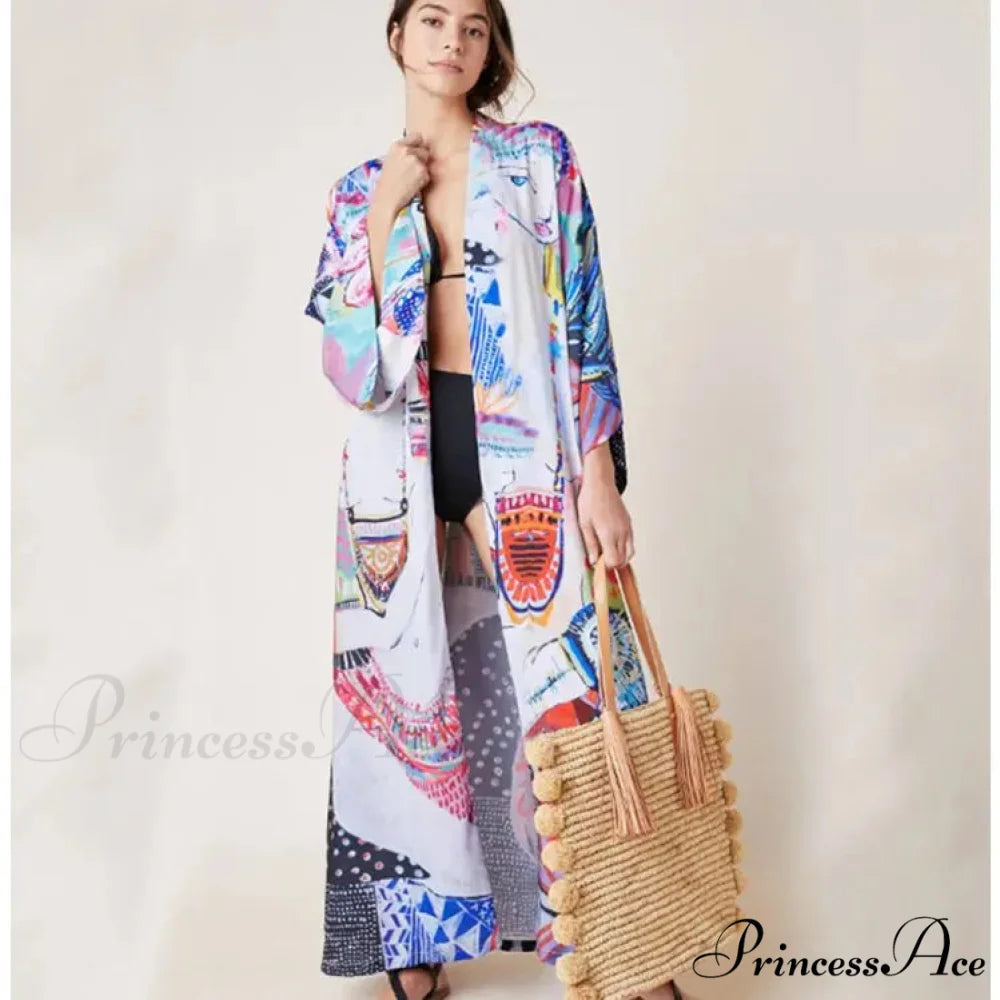 Synthetic Pop Printed Bohemian Kimono Swimsuit Cover up