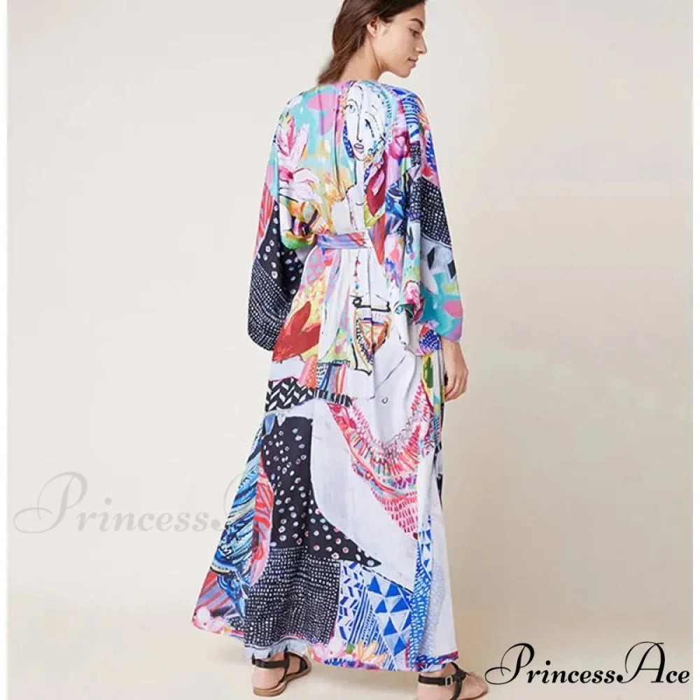 Synthetic Pop Printed Bohemian Kimono Swimsuit Cover up