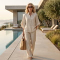 Mandarin Collar Kimono Sleeve Top and Wide Leg Linen Pant Set