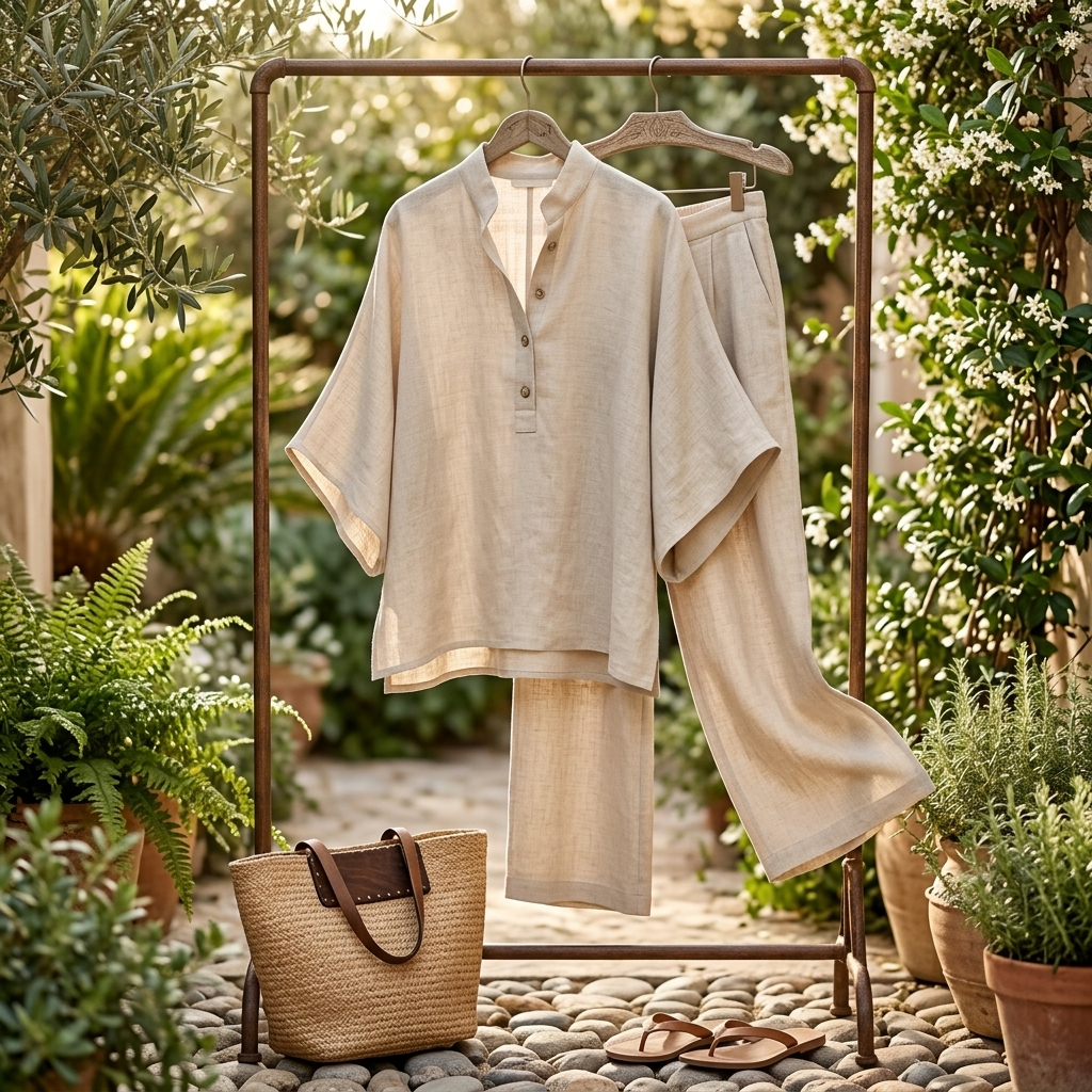 Mandarin Collar Kimono Sleeve Top and Wide Leg Linen Pant Set
