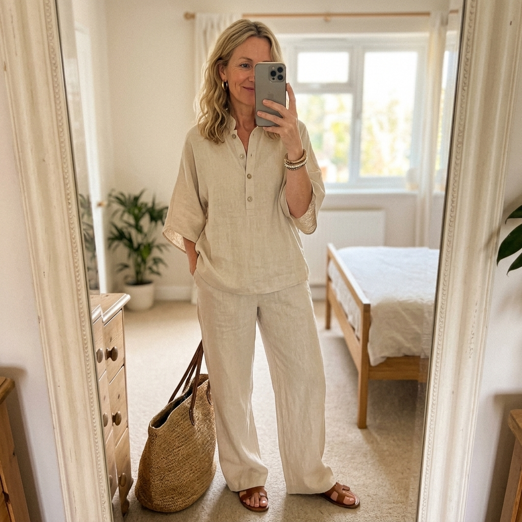 Mandarin Collar Kimono Sleeve Top and Wide Leg Linen Pant Set