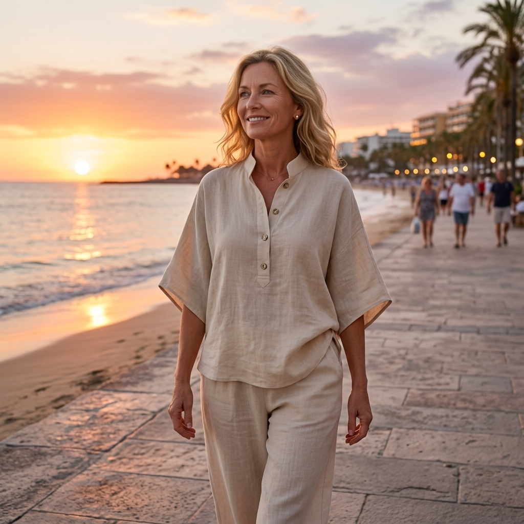 Mandarin Collar Kimono Sleeve Top and Wide Leg Linen Pant Set