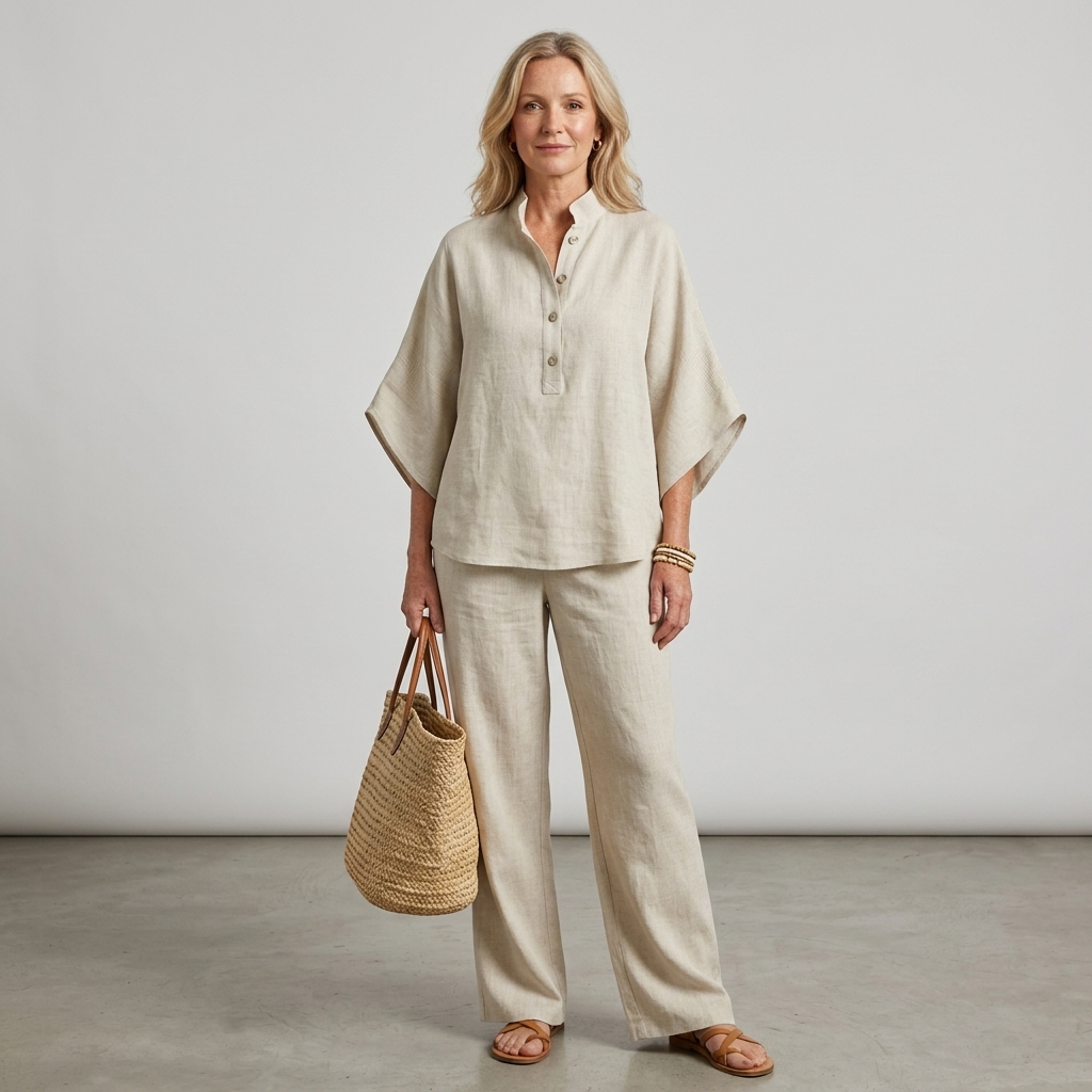 Mandarin Collar Kimono Sleeve Top and Wide Leg Linen Pant Set