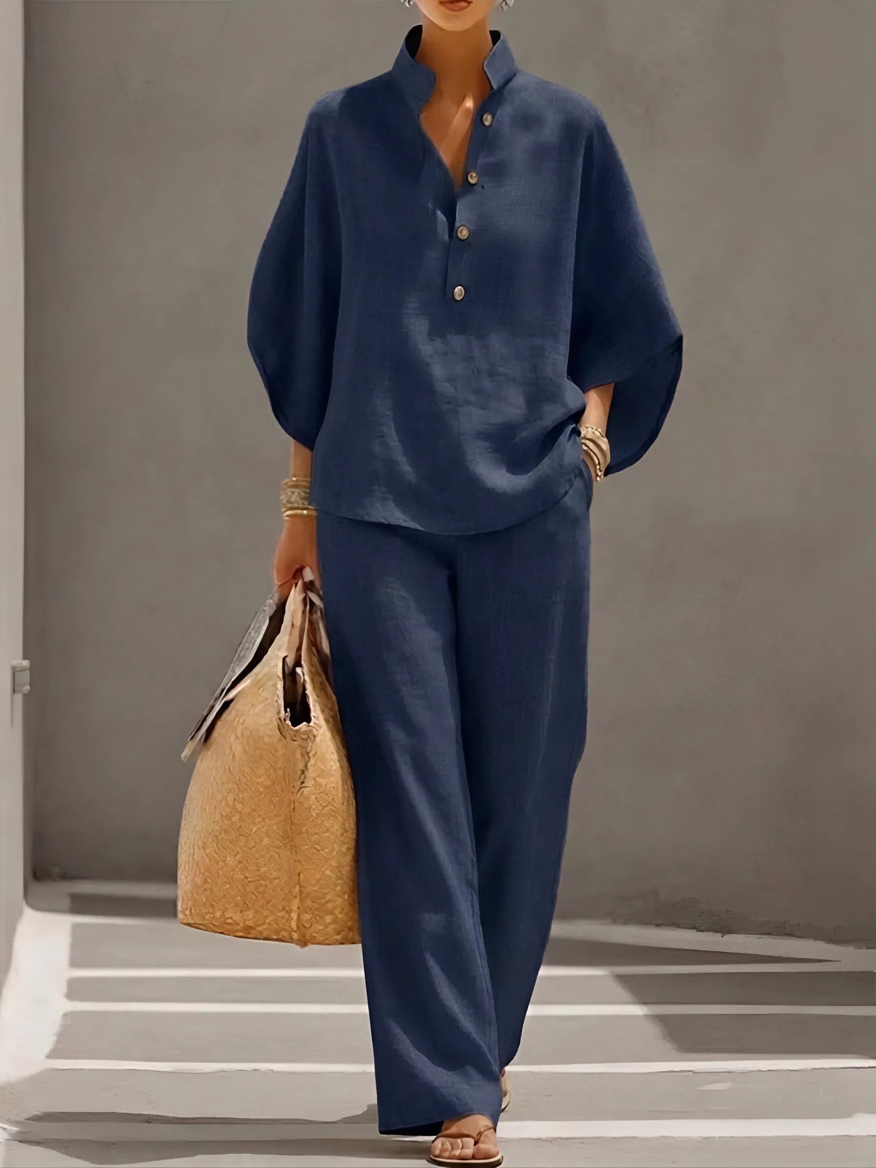 Mandarin Collar Kimono Sleeve Top and Wide Leg Linen Pant Set