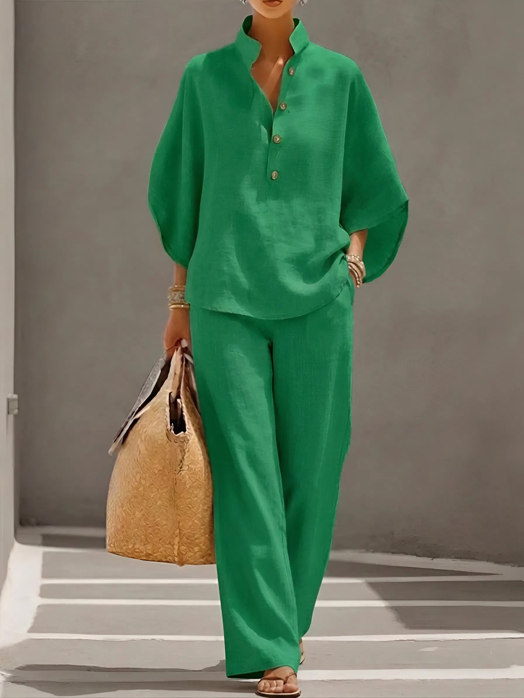 Mandarin Collar Kimono Sleeve Top and Wide Leg Linen Pant Set