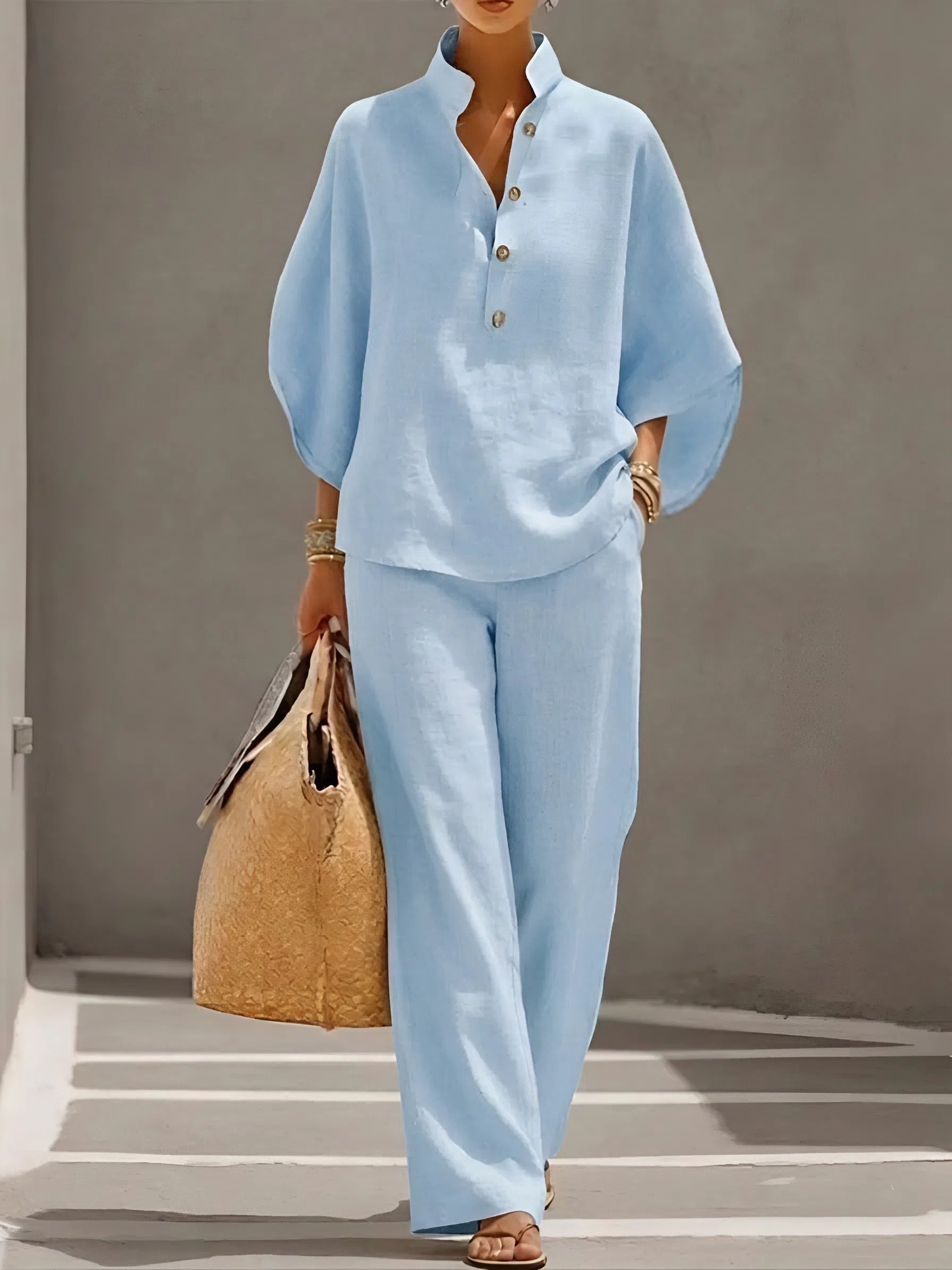Mandarin Collar Kimono Sleeve Top and Wide Leg Linen Pant Set