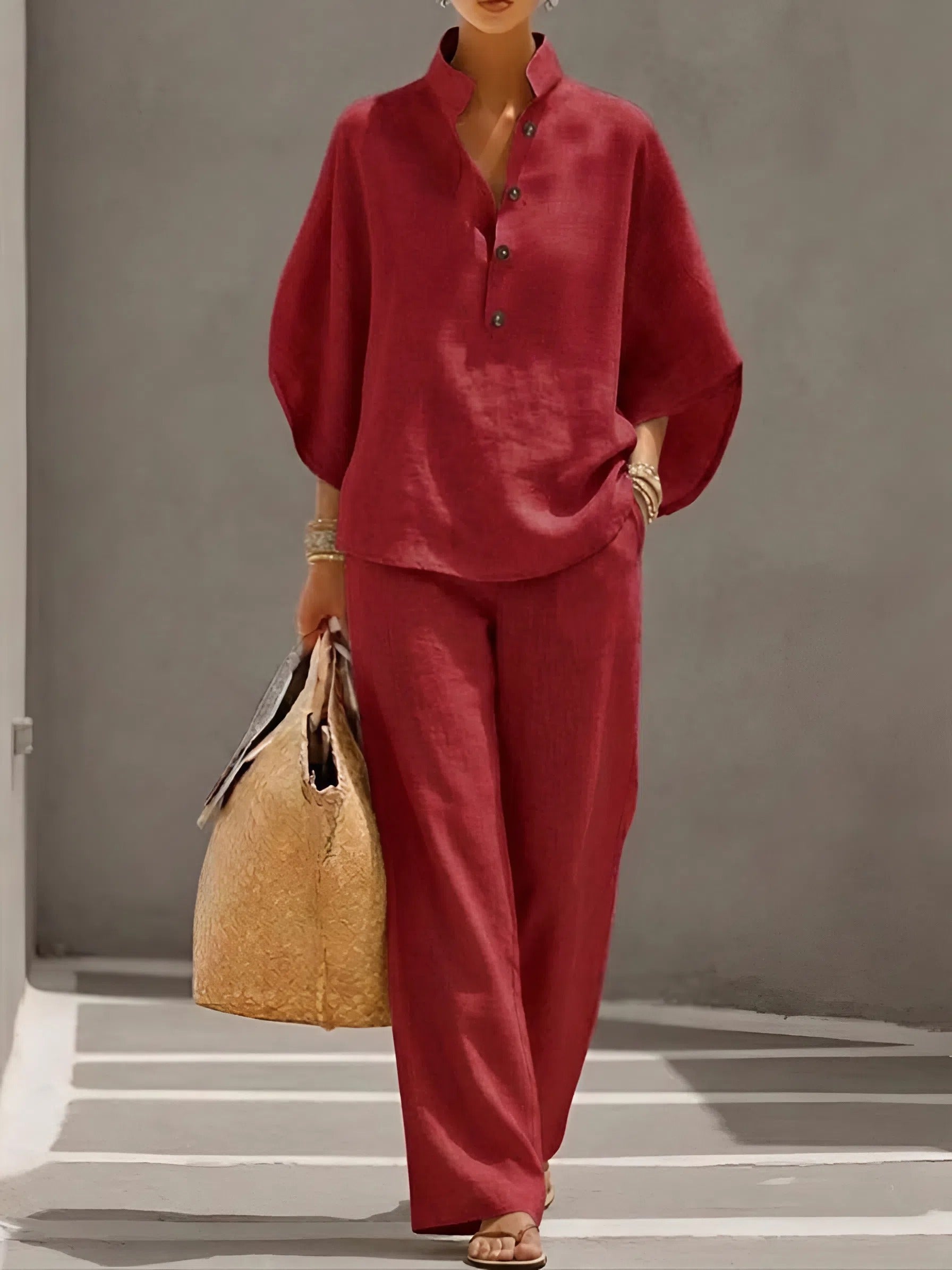 Mandarin Collar Kimono Sleeve Top and Wide Leg Linen Pant Set