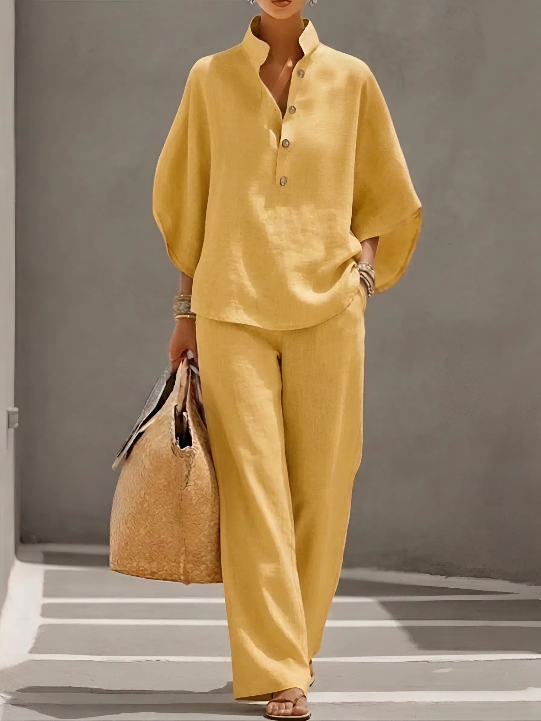 Mandarin Collar Kimono Sleeve Top and Wide Leg Linen Pant Set