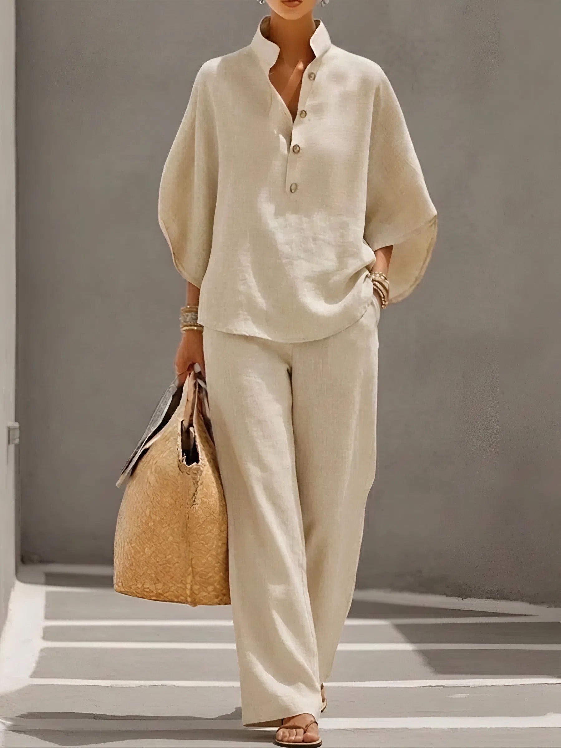Mandarin Collar Kimono Sleeve Top and Wide Leg Linen Pant Set