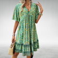 Paisley Print Lace Trim V Neck Ruffle Hem Boho Mini Dress
