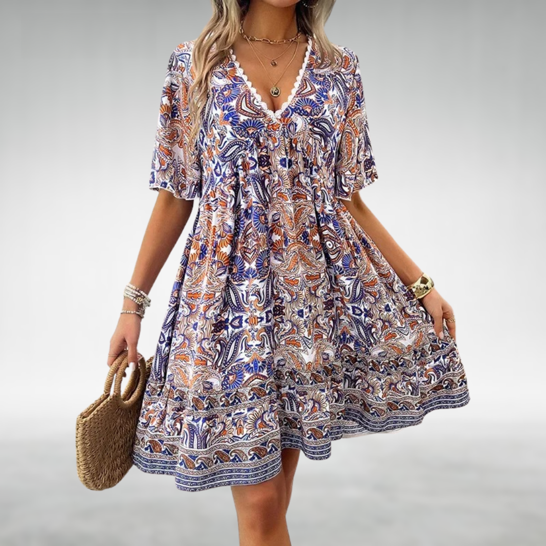 Paisley Print Lace Trim V Neck Ruffle Hem Boho Mini Dress