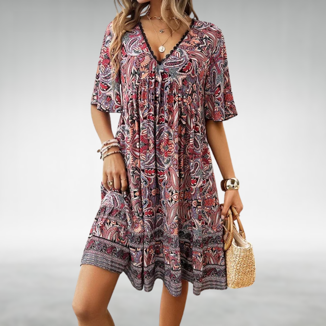 Paisley Print Lace Trim V Neck Ruffle Hem Boho Mini Dress
