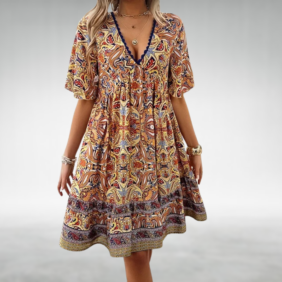 Paisley Print Lace Trim V Neck Ruffle Hem Boho Mini Dress