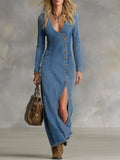 V-Neck Button Through Side Split Long Sleeve Denim Maxi Dress