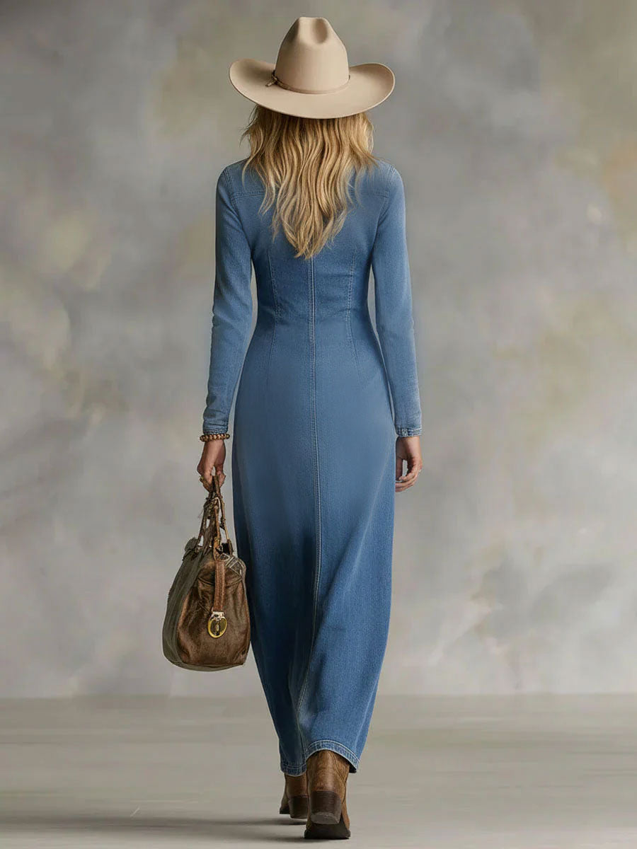 V-Neck Button Through Side Split Long Sleeve Denim Maxi Dress