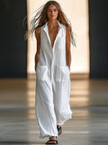 Collared Deep V-Neck Patch Pocket Sleeveless Linen Jumpsuit