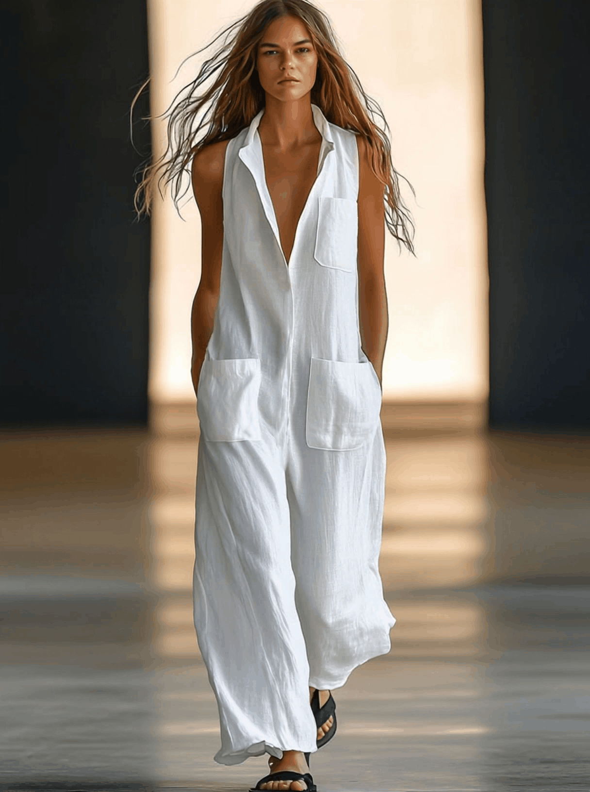 Collared Deep V-Neck Patch Pocket Sleeveless Linen Jumpsuit
