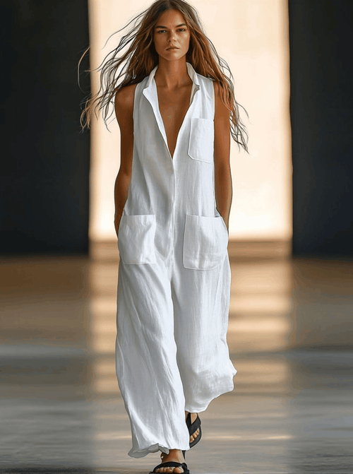 Collared Deep V-Neck Patch Pocket Sleeveless Linen Jumpsuit