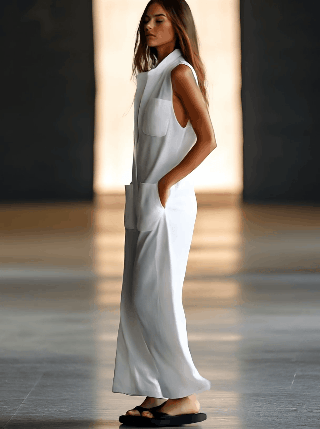 Collared Deep V-Neck Patch Pocket Sleeveless Linen Jumpsuit