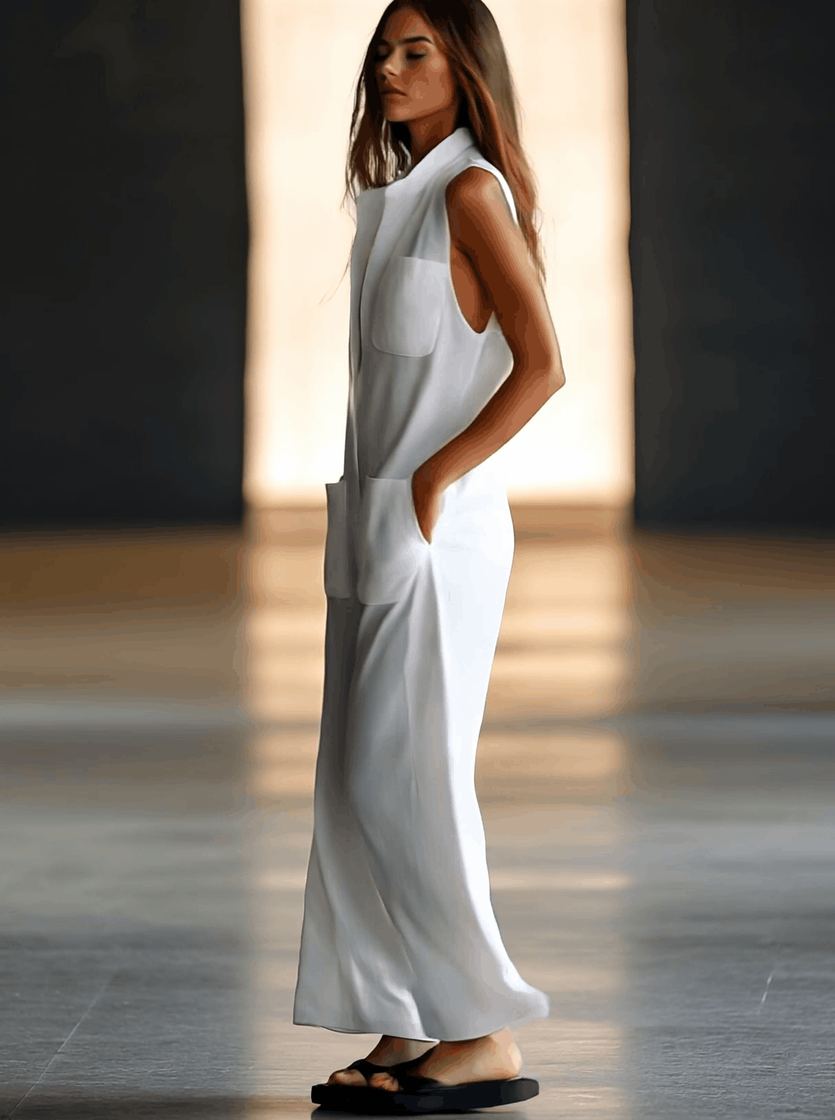 Collared Deep V-Neck Patch Pocket Sleeveless Linen Jumpsuit