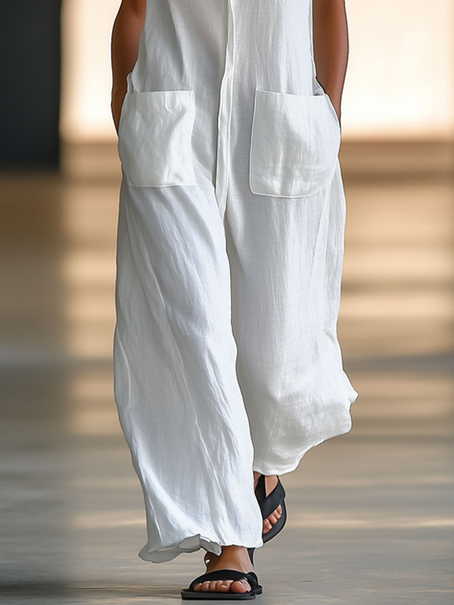 Collared Deep V-Neck Patch Pocket Sleeveless Linen Jumpsuit