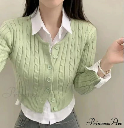 Textured Cable Knit Trim Fit Button-Up Cropped Cardigan