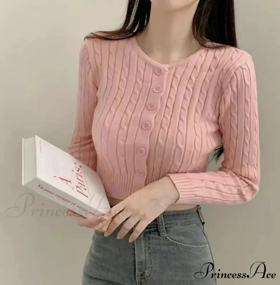 Textured Cable Knit Trim Fit Button-Up Cropped Cardigan