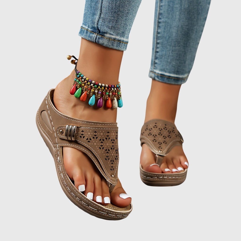 Laser Cut Toe Loop Buckle Strap Wedge Sandal