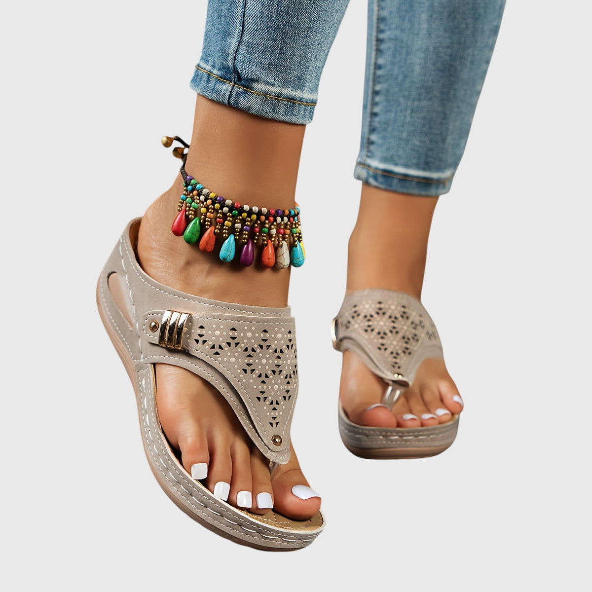 Laser Cut Toe Loop Buckle Strap Wedge Sandal