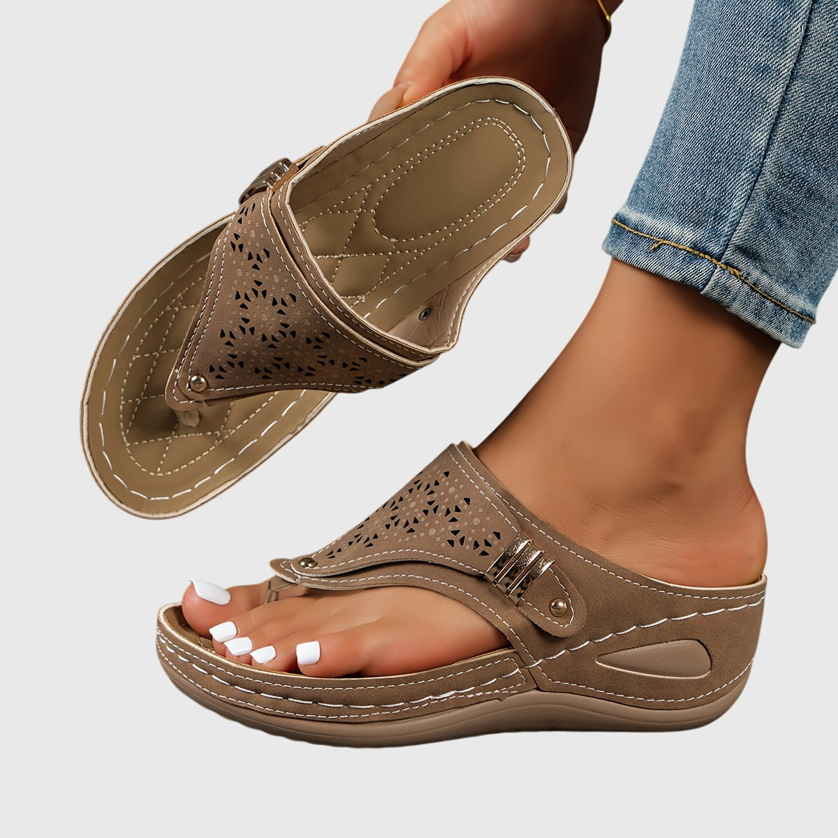 Laser Cut Toe Loop Buckle Strap Wedge Sandal