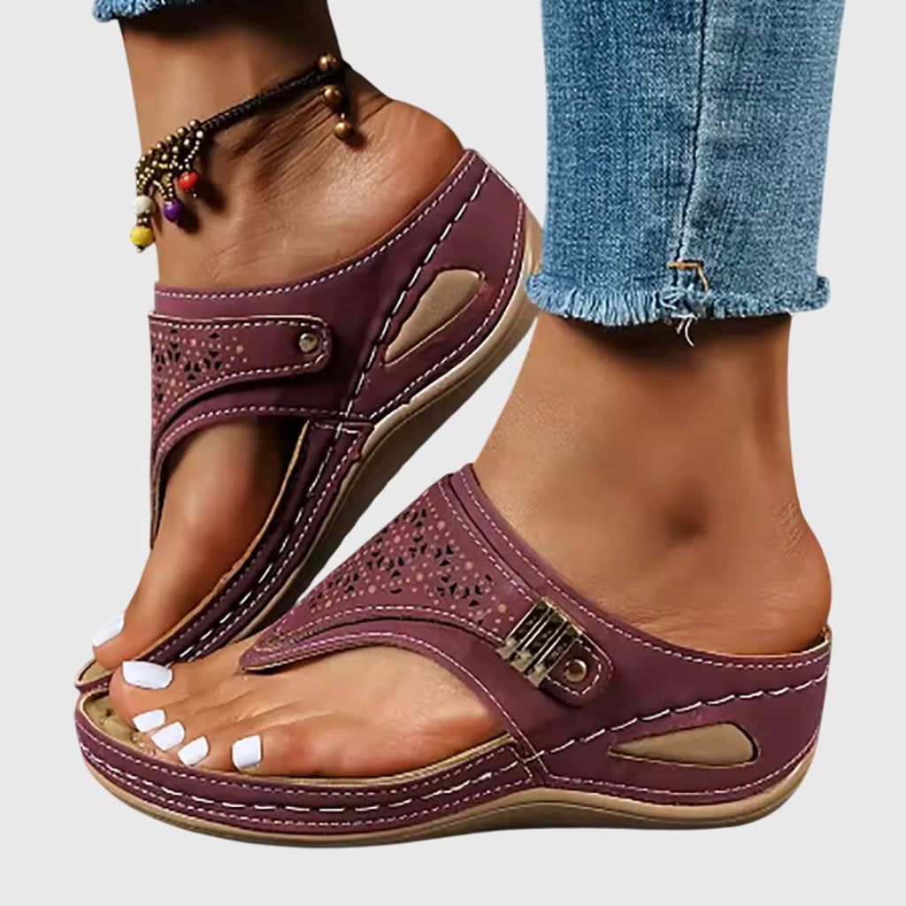 Laser Cut Toe Loop Buckle Strap Wedge Sandal