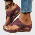 Laser Cut Toe Loop Buckle Strap Wedge Sandal