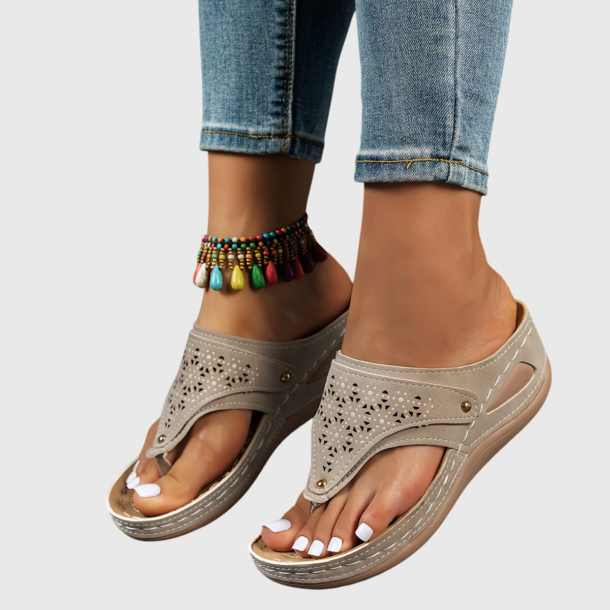 Laser Cut Toe Loop Buckle Strap Wedge Sandal