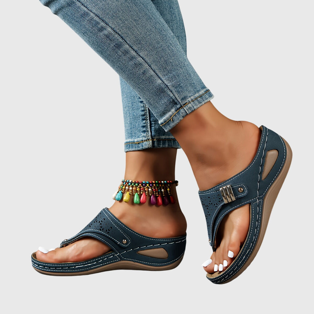 Laser Cut Toe Loop Buckle Strap Wedge Sandal